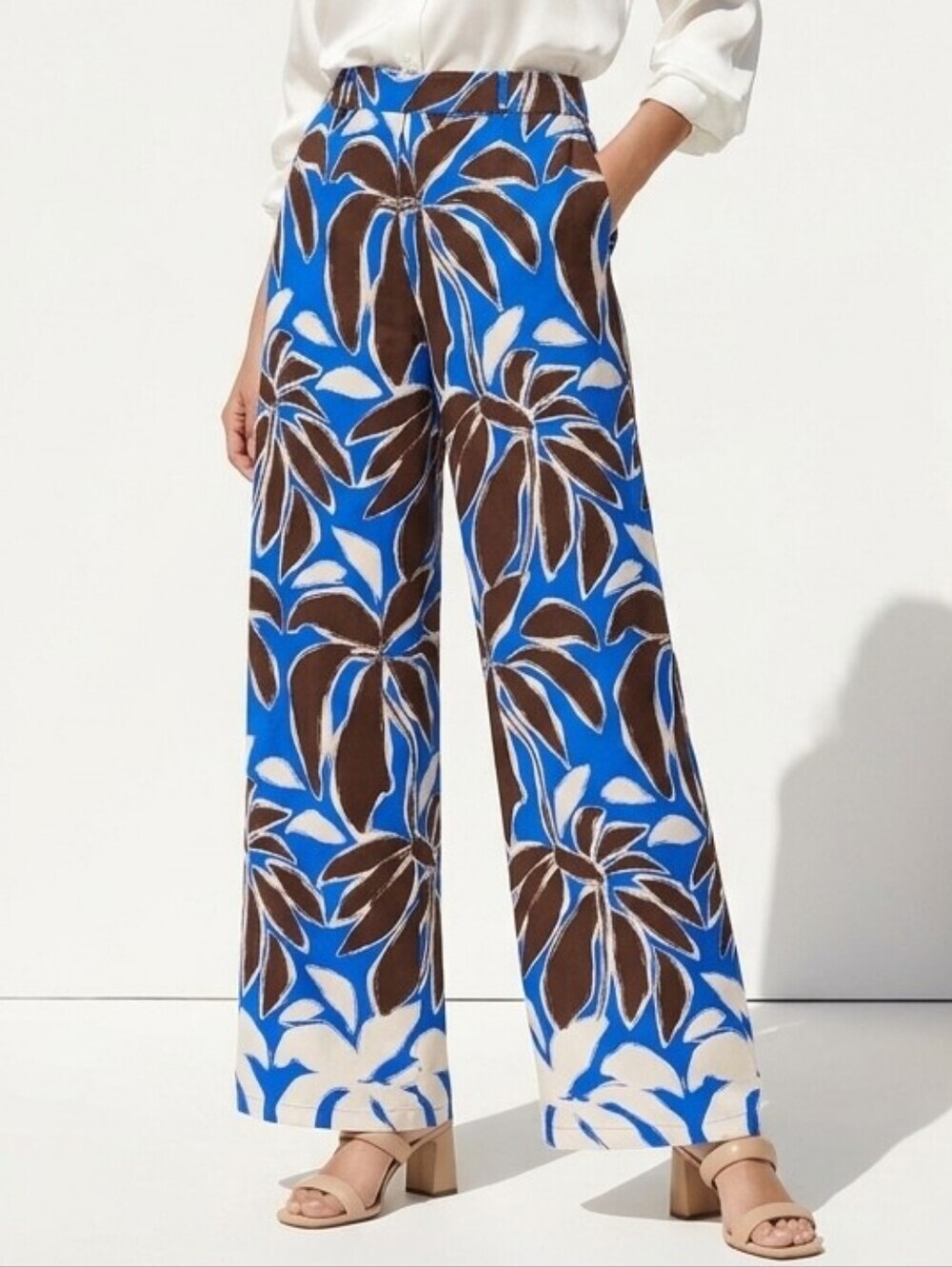 Zara Tropical Palm Print Wide Leg Pants Blue Brown Cream - Size XS - NWOT! - Picture 1 of 15